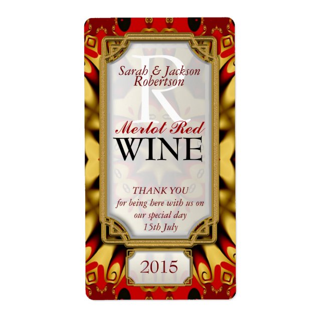 Batik Red Gold Eastern Custom Wine Bottle Labels (Front)