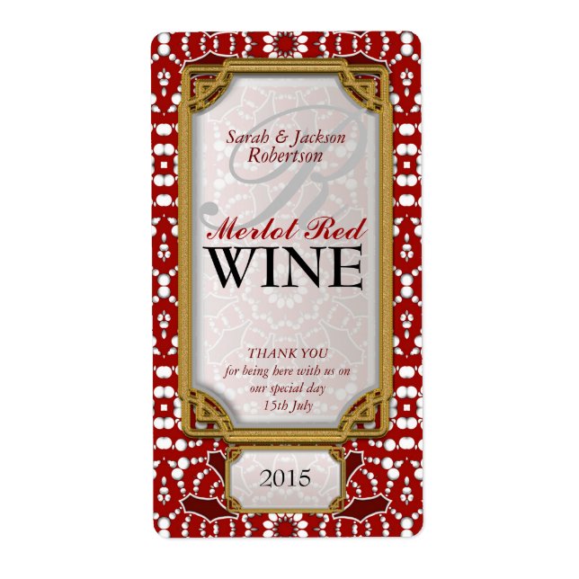 Batik Red white design Custom Wine Bottle Labels (Front)