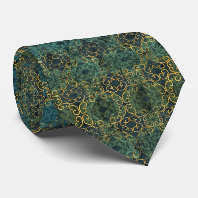 Batik Scroll Emerald and Gold Tie (Rolled)