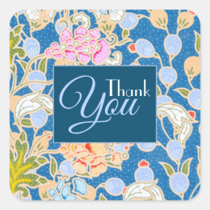  Batik Style Flowers Blue Background Thank You  Square Sticker