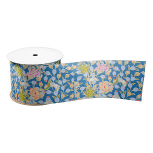 Batik Style Pattern Dots Flowers Blue Background Satin Ribbon