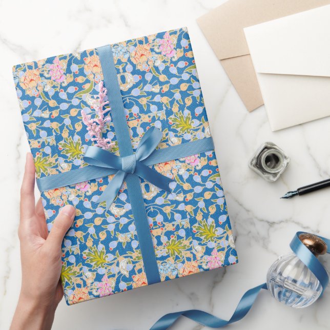 Batik Style Pattern Dots Flowers Blue Background   Wrapping Paper (Gifting)
