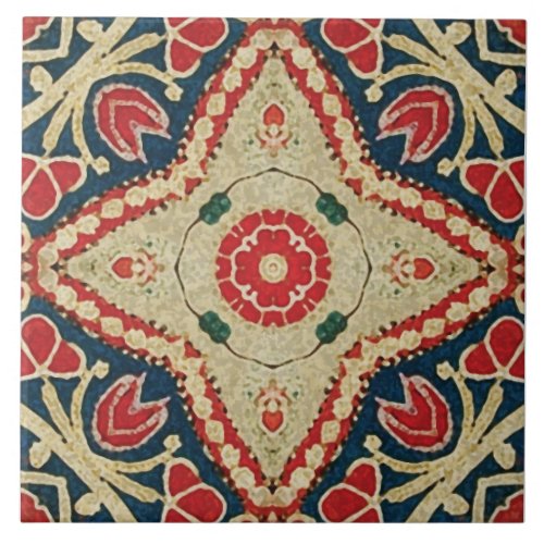 Batik_style Tiles floral pattern red blue beige Tile