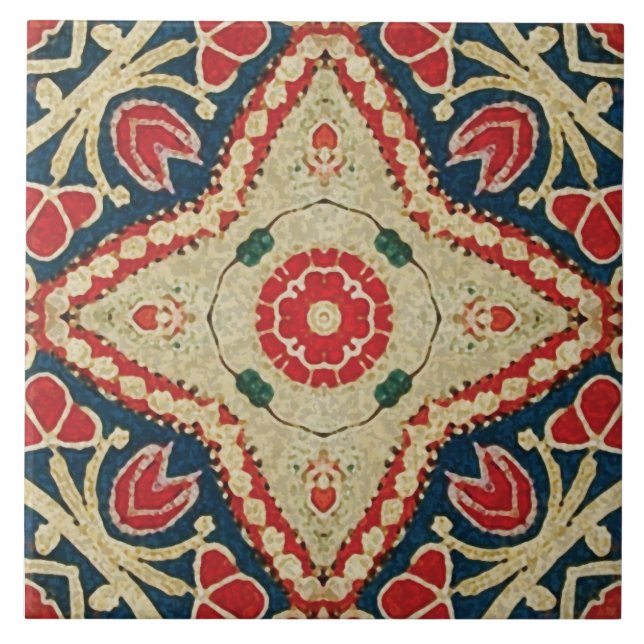 Batik-style Tiles, floral pattern, red, blue beige Tile (Front)