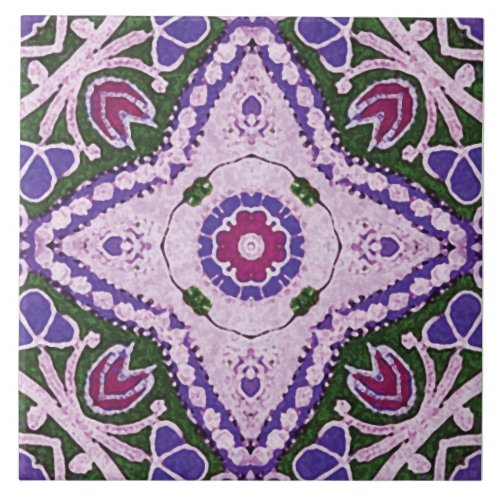 Batik_style Tiles floral violetcerise  green Tile