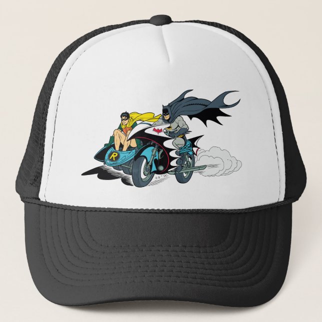 Batman And Robin In Batcycle Trucker Hat (Front)