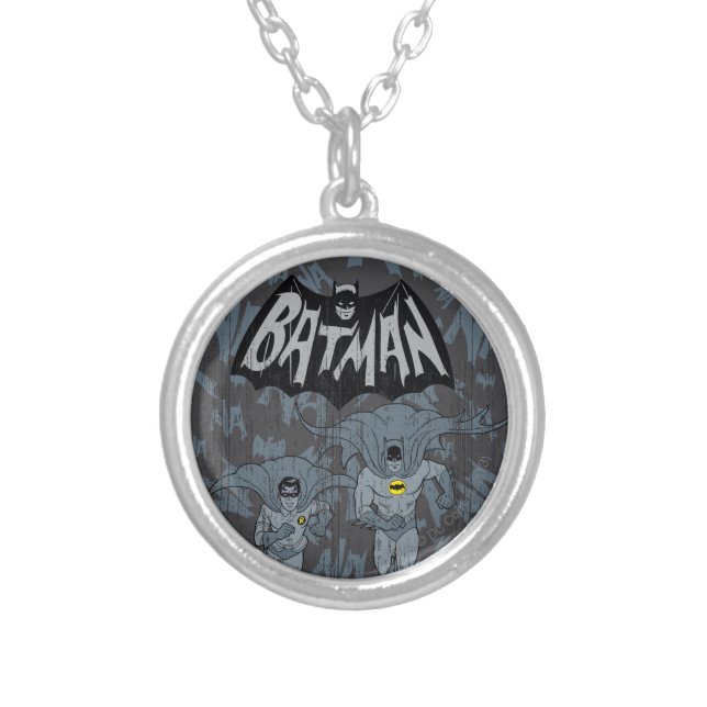 Batman And Robin With Logo Distressed Graphic Silver Plated Necklace (Front)