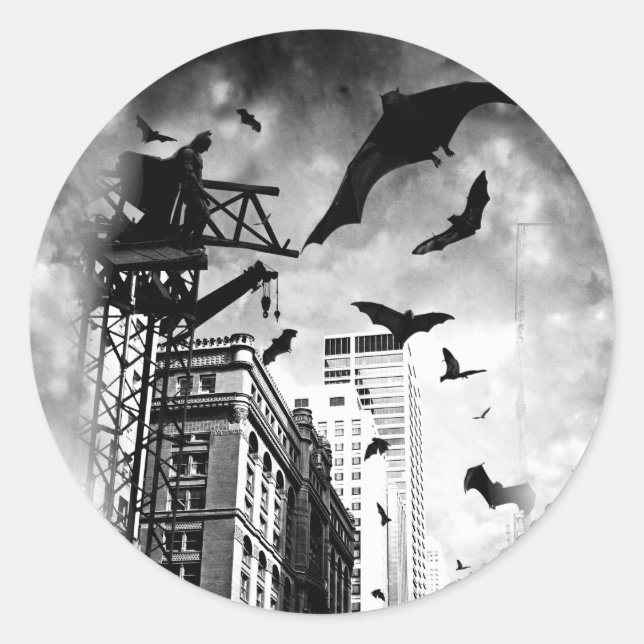 Batman | Bats Flying Through Gotham Classic Round Sticker (Front)