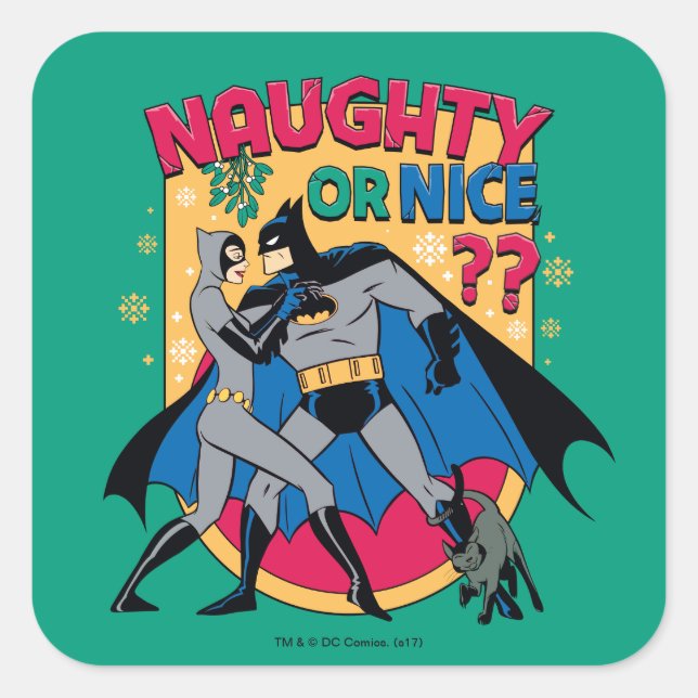 Batman | Catwoman Under Mistletoe Naughty Or Nice Square Sticker (Front)