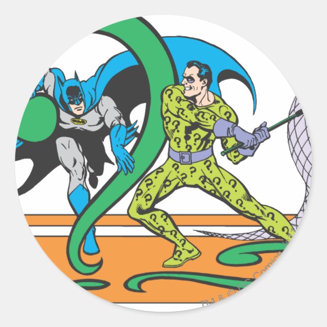 Batman Fights Riddler Classic Round Sticker (Front)