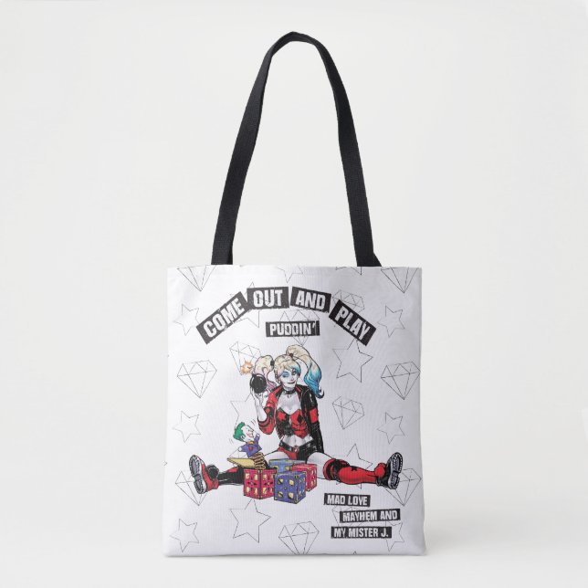 Batman | Harley Quinn "Come Out And Play Puddin'" Tote Bag (Front)