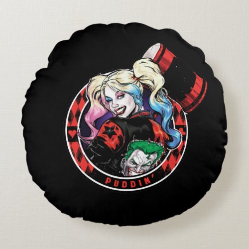 Batman  Harley Quinn Winking With Mallet Round Pillow