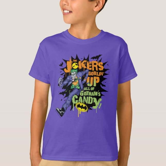 Batman | Joker's Goblin' Up All of Gotham's Candy T-Shirt (Front)