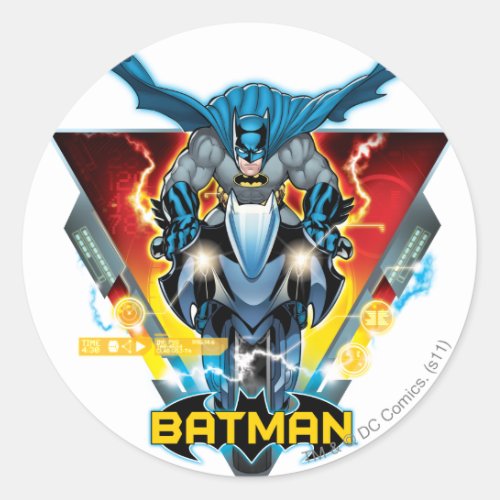 Batman on cycle with logo classic round sticker