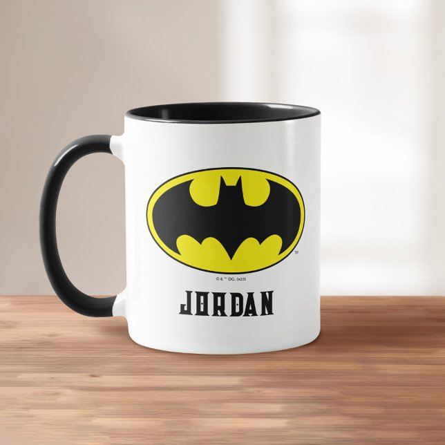 Batman Symbol | Bat Oval Logo | Add Your Name Mug (Mug on table)
