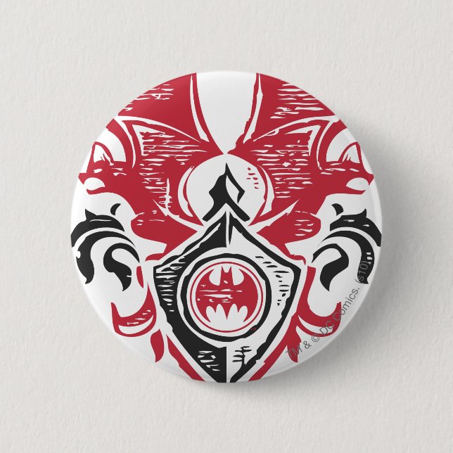 Batman Symbol | Red Black Bat Stamp Crest Logo Button (Front)