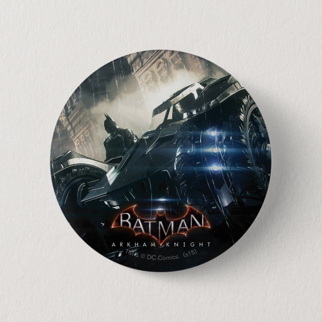 Batman With Batmobile In The Rain Pinback Button (Front)
