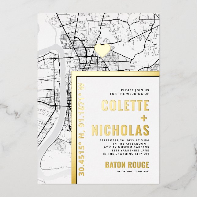 Baton Rouge Love Locator | City Themed Wedding Foil Invitation (Front)
