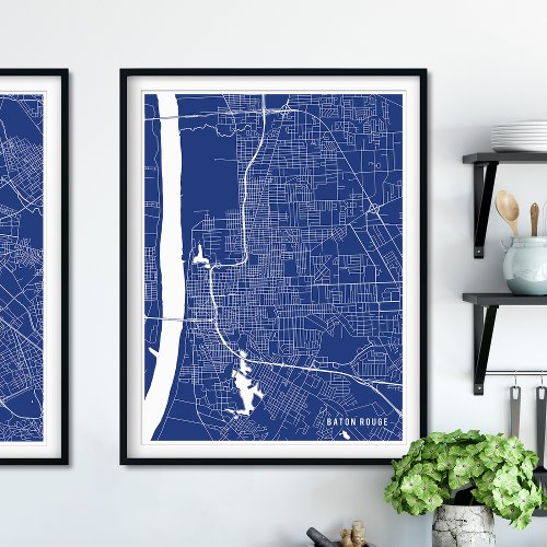 Baton Rouge Map Navy Blue Modern Street Map Poster