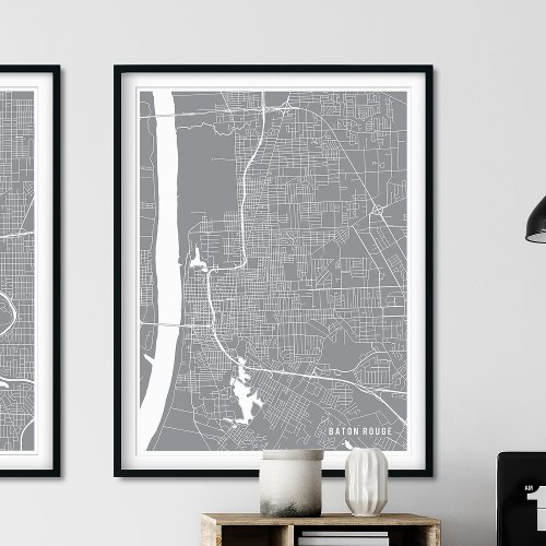 Baton Rouge Map Simple Pewter Silver Line Map Poster