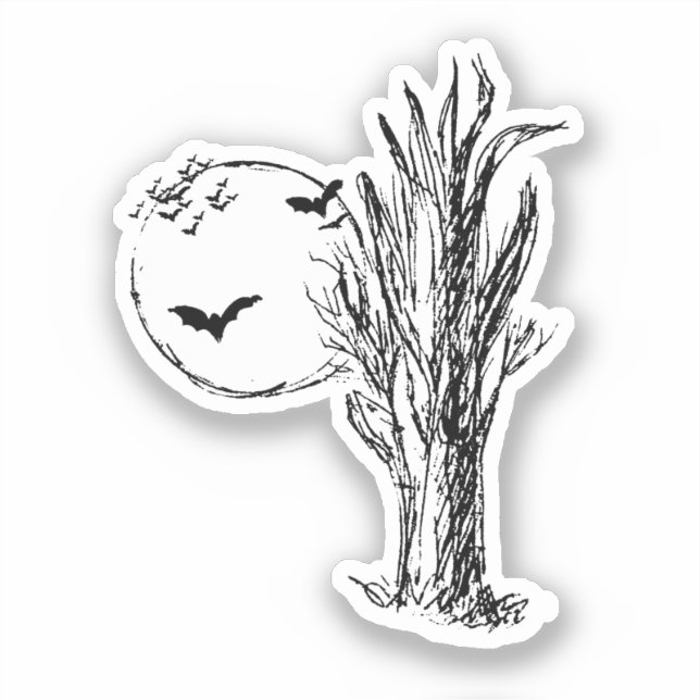 Bats, a Dead Tree, Full Moon Halloween Sticker (Front)