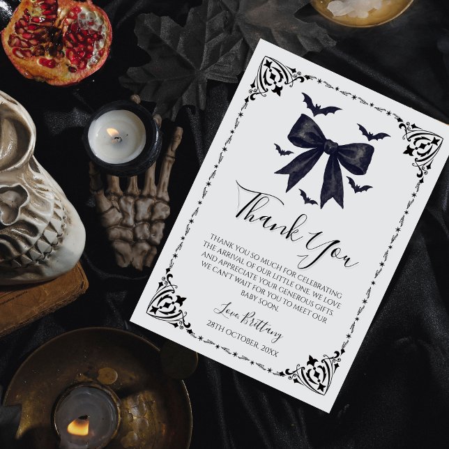 Bats and Bows Halloween Baby Shower Gothic  Thank You Card (Creator Uploaded)