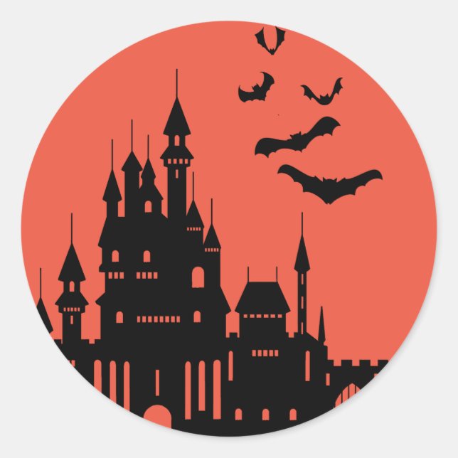 Bats and Castle Black and Orange Classic Round Sticker (Front)