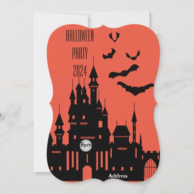 Bats and Castle Halloween Invite Black and Orange (Front)