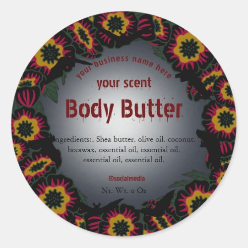Bats and flowers halloween goth body butter classic round sticker