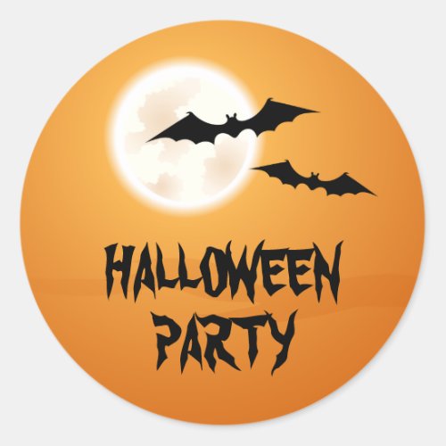 Bats and full moon in orange sky Halloween party Classic Round Sticker