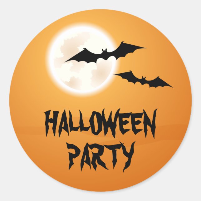 Bats and full moon in orange sky Halloween party Classic Round Sticker (Front)