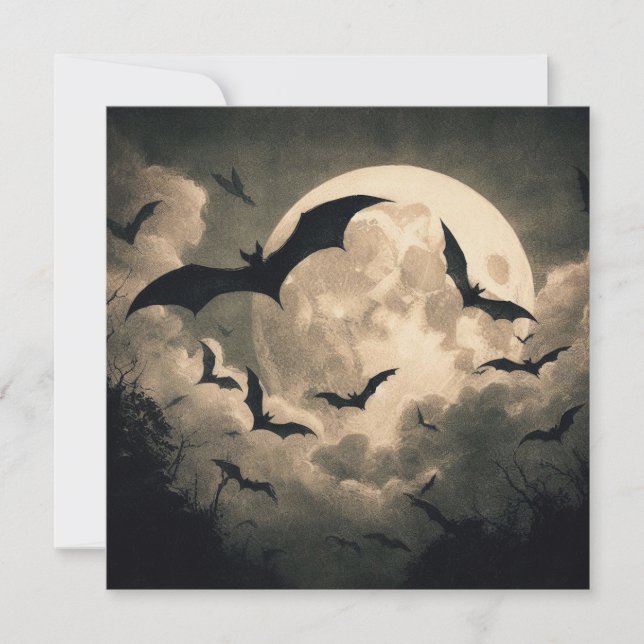 Bats and Full Moon Spooky Goth Antique Card (Front)