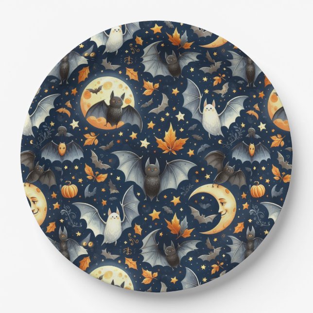 Bats and Moons Halloween  Paper Plates (Front)