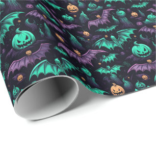 Bats and Pumpkins Purple Green Halloween Wrapping Paper