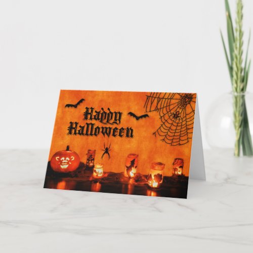 Bats and Spiders Fun in Orange and Black Halloween Card