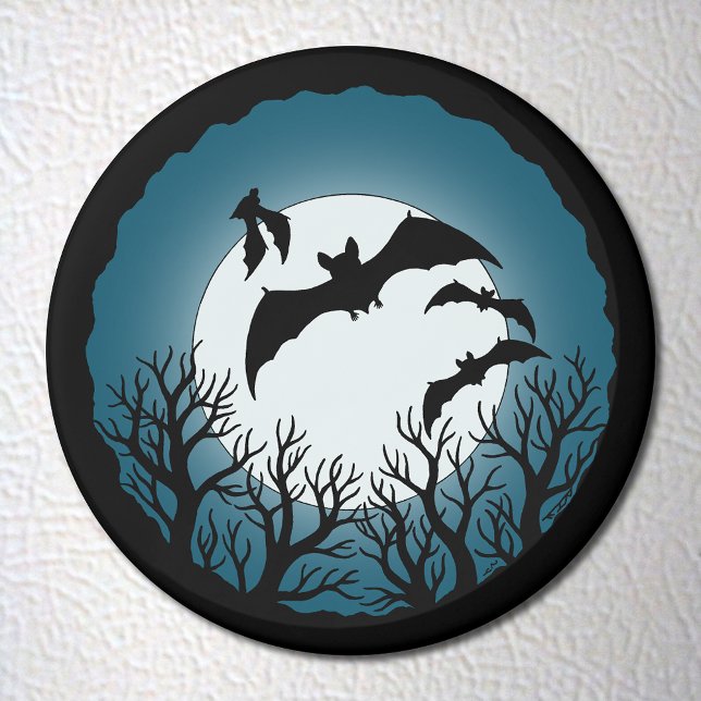 Bats and Trees Against the Moon Magnet (Bats and Trees Against the Moon Magnet on White Fridge)