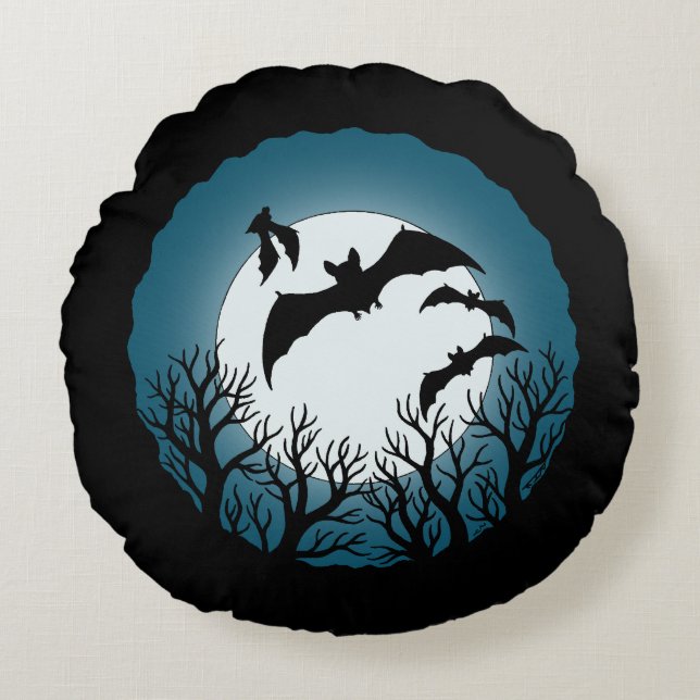 Bats and Trees Against the Moon Round Pillow (Front)