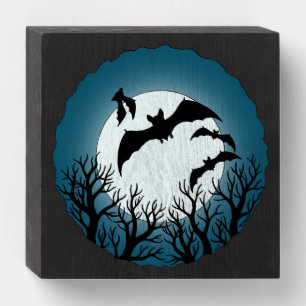 Bats and Trees Against the Moon Wooden Box Sign