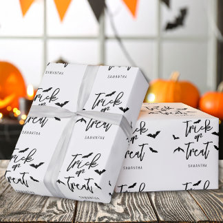 Bats And Trick Or Treat Script Text Halloween Wrapping Paper