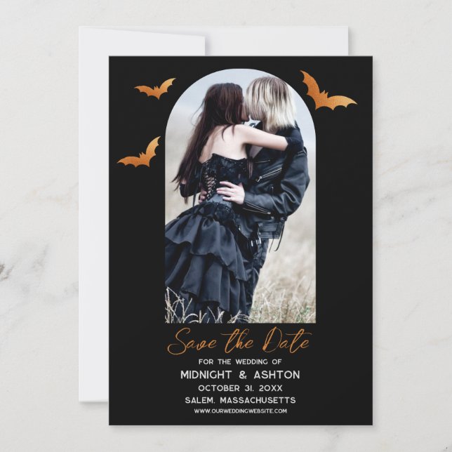 Bats Arch Photo Halloween Wedding Save The Date (Front)