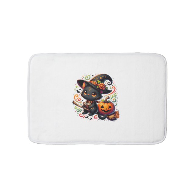 Bats Black Cat Witch Hat Wand Pumpkin Cute Hallowe Bath Mat (Front)