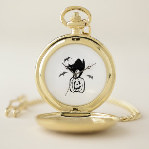 bats cat pumpkin halloween pocket watch