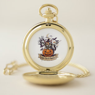 Bats Cats Pumpkins Halloween Witch Cat Spooky Tree Pocket Watch