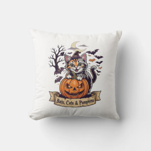 Bats Cats Pumpkins Halloween Witch Cat Spooky Tree Throw Pillow