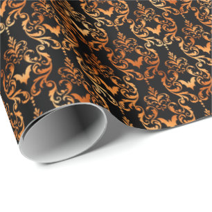 Bats Damask Spooky Copper Black Halloween Pattern Wrapping Paper