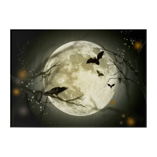 Bats fly Crow sits in Front of Halloween Full Moon Acrylic Print