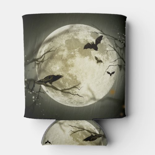 Bats fly Crow sits in Front of Halloween Full Moon Can Cooler