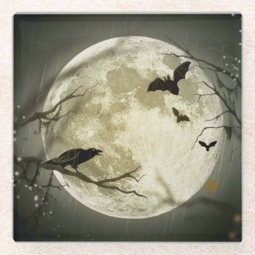 Bats fly Crow sits in Front of Halloween Full Moon Glass Coaster
