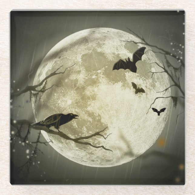 Bats fly Crow sits in Front of Halloween Full Moon Glass Coaster (Front)