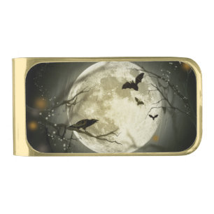 Bats fly Crow sits in Front of Halloween Full Moon Gold Finish Money Clip